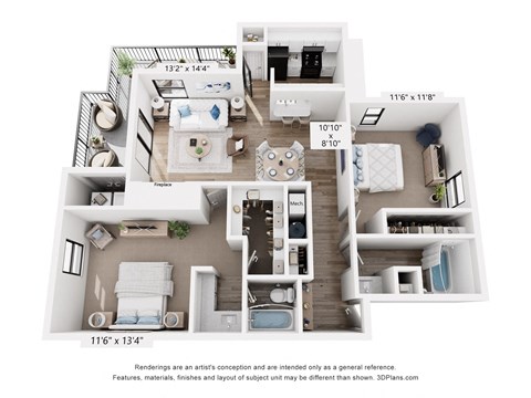 Floor plan for 2 beds, 2 baths, 1080 sqft